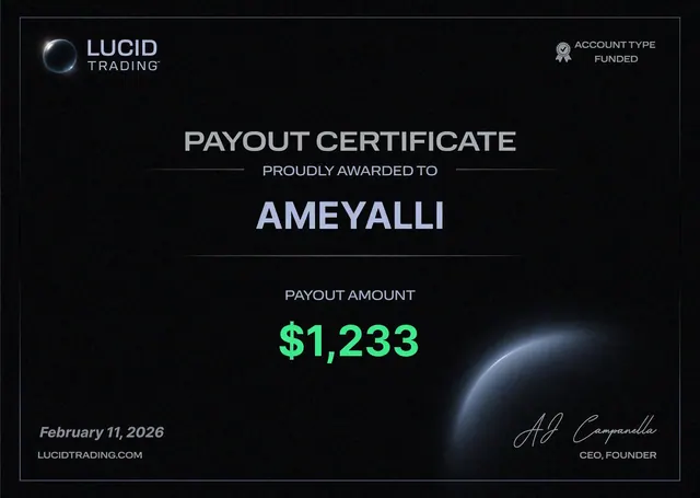 Comprobante de pago de Ameyalli Orea por $1,233 en Lucid Trading, 2026-02-11