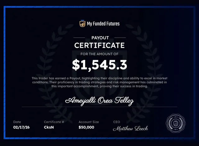Comprobante de pago de Ameyalli Orea por $1,545 en My Funded Futures, 2026-02-17