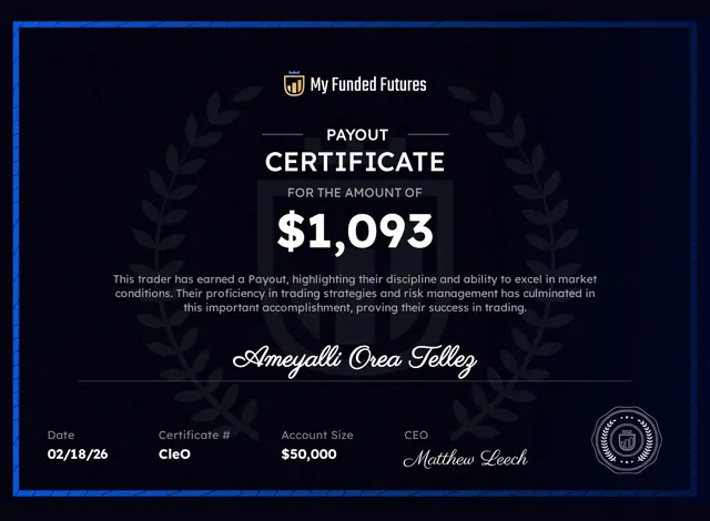 Comprobante de pago de Ameyalli Orea por $1,093 en My Funded Futures, 2026-02-18