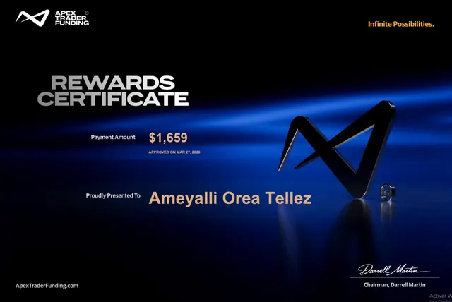 Comprobante de pago de Ameyalli Orea por $1,659 en Apex Trader Funding, 2026-03-27