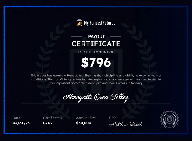 Comprobante de pago de Ameyalli Orea por $796 en My Funded Futures, 2026-03-31