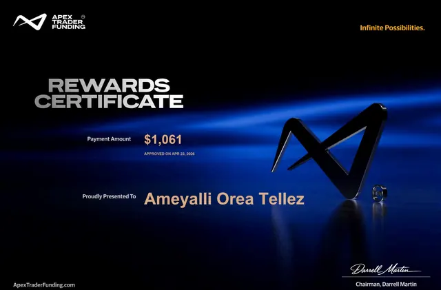 Comprobante de pago de Ameyalli Orea por $1,061 en Apex Trader Funding, 2026-04-23