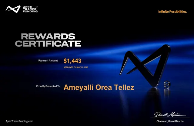 Comprobante de pago de Ameyalli Orea por $1,443 en Apex Trader Funding, 2026-05-22