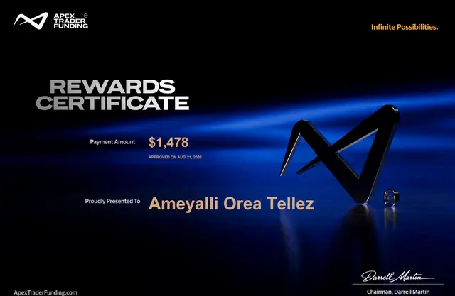 Comprobante de pago de Ameyalli Orea por $1,478 en Apex Trader Funding, 2026-08-21