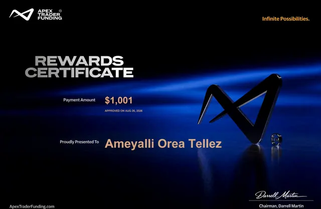 Comprobante de pago de Ameyalli Orea por $1,001 en Apex Trader Funding, 2026-08-26