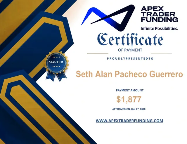 Comprobante de pago de Seth Pacheco por $1,877 en Apex Trader Funding, 2026-01-27