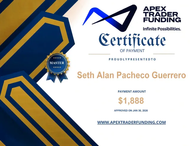 Comprobante de pago de Seth Pacheco por $1,888 en Apex Trader Funding, 2026-01-30
