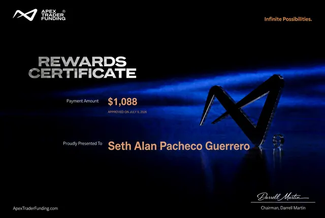 Comprobante de pago de Seth Pacheco por $1,088 en Apex Trader Funding, 2026-07-09