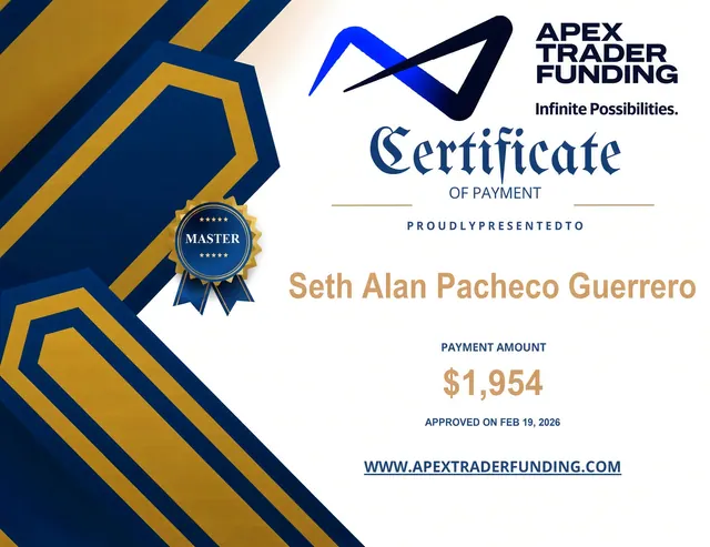 Comprobante de pago de Seth Pacheco por $1,954 en Apex Trader Funding, 2026-02-19