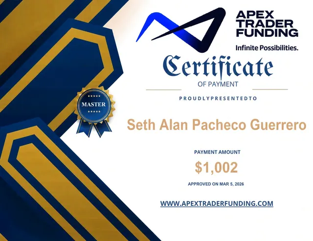 Comprobante de pago de Seth Pacheco por $1,002 en Apex Trader Funding, 2026-03-05