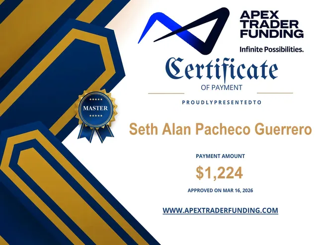 Comprobante de pago de Seth Pacheco por $1,224 en Apex Trader Funding, 2026-03-16